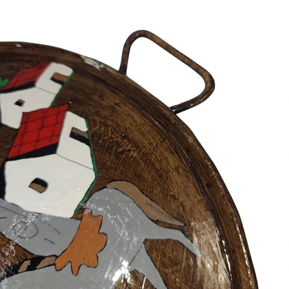 Vintage‎ El Salvador Hand Painted Folk Art Serving Tray Village Scene Donkey